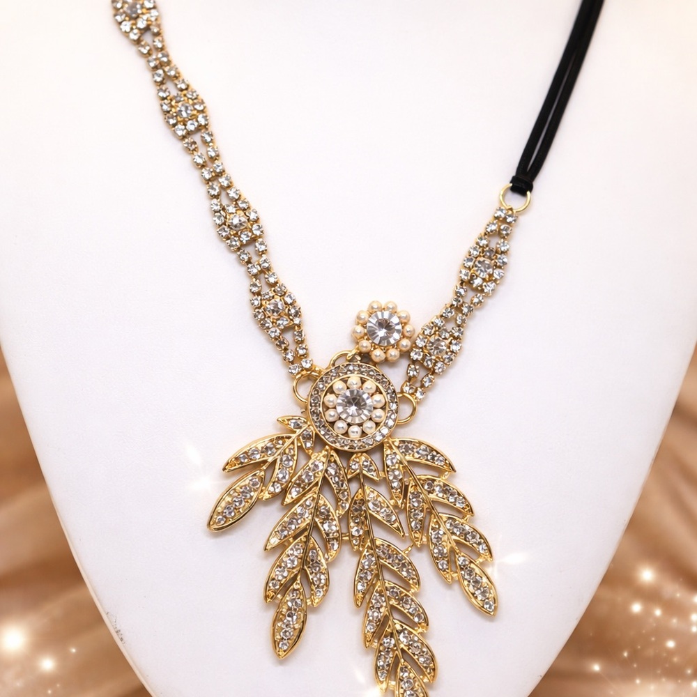 Gold Tone Rhinestone Leaf Statement Necklace Black Cord Boho Glam Pendant